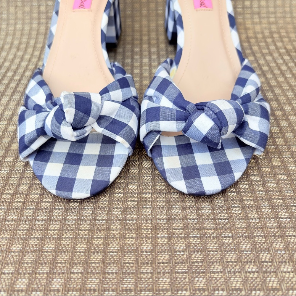 Vintage Betsey Johnson Ivee Women 7 Navy Gingham Bow Ankle Strap Heeled Sandals - Picture 6 of 9